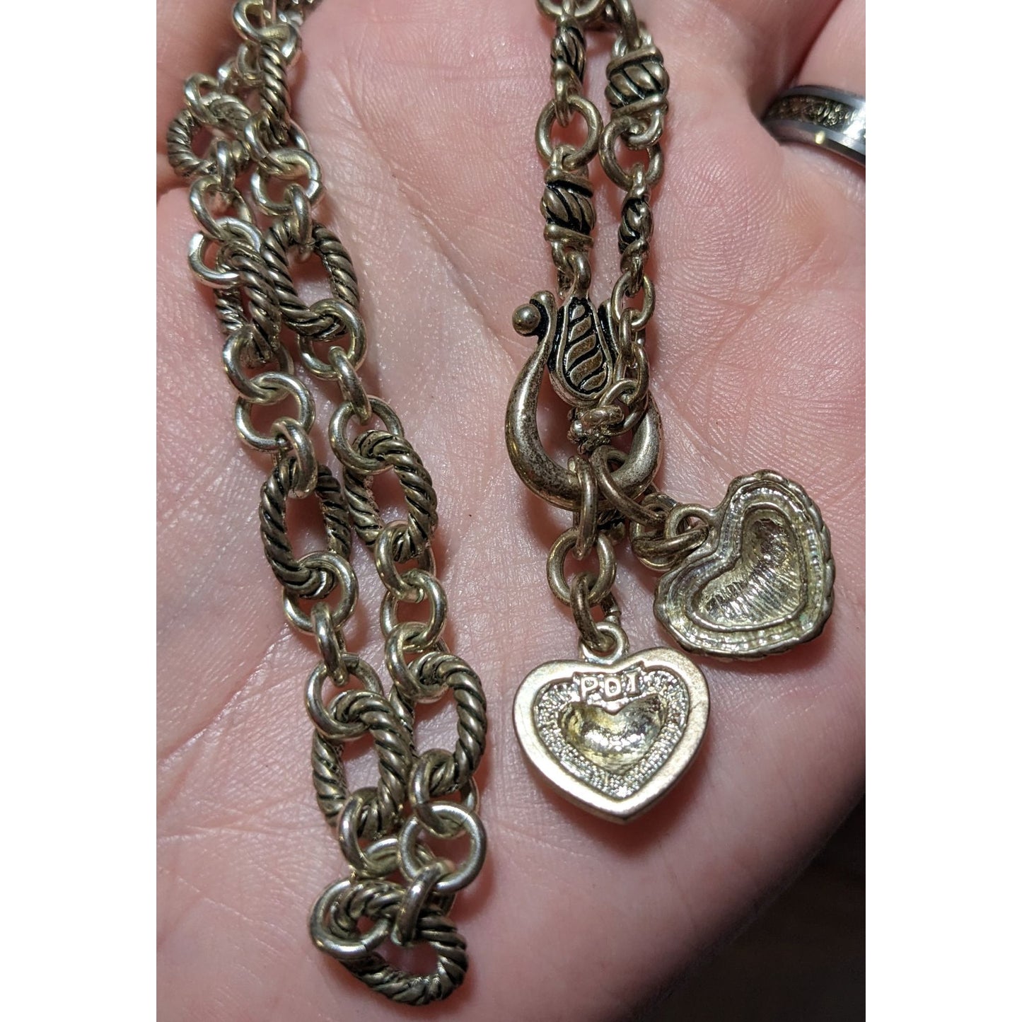 Silver Dual Heart Rhinestone Charm Necklace