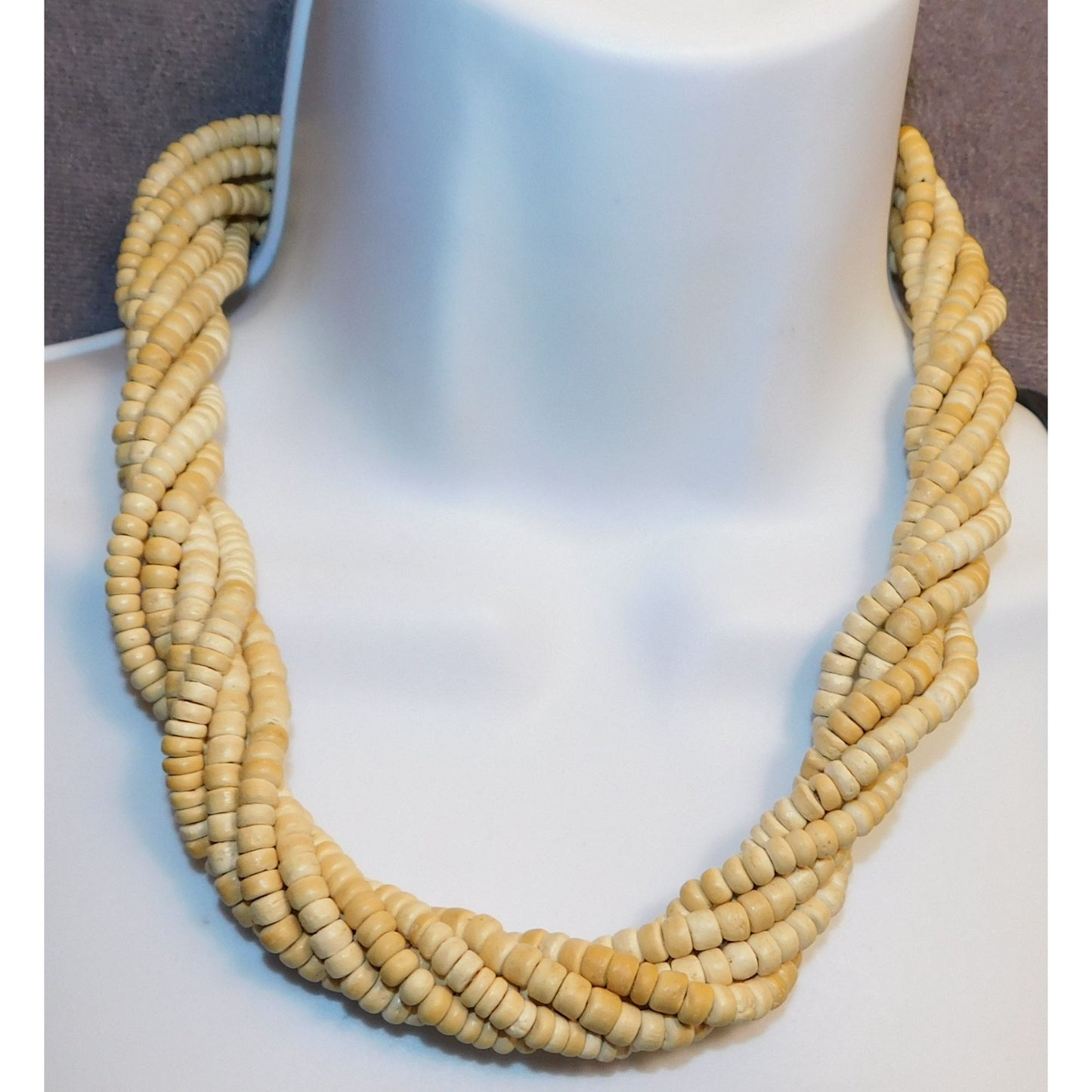 Beachy Beige Wooden Beaded Torsade Necklace