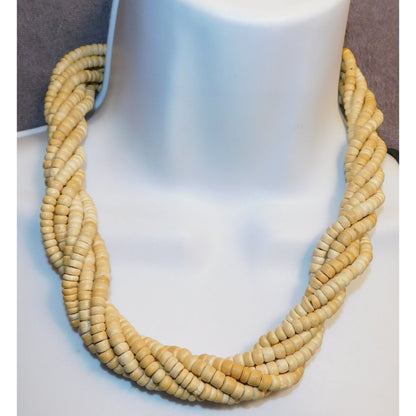 Beachy Beige Wooden Beaded Torsade Necklace