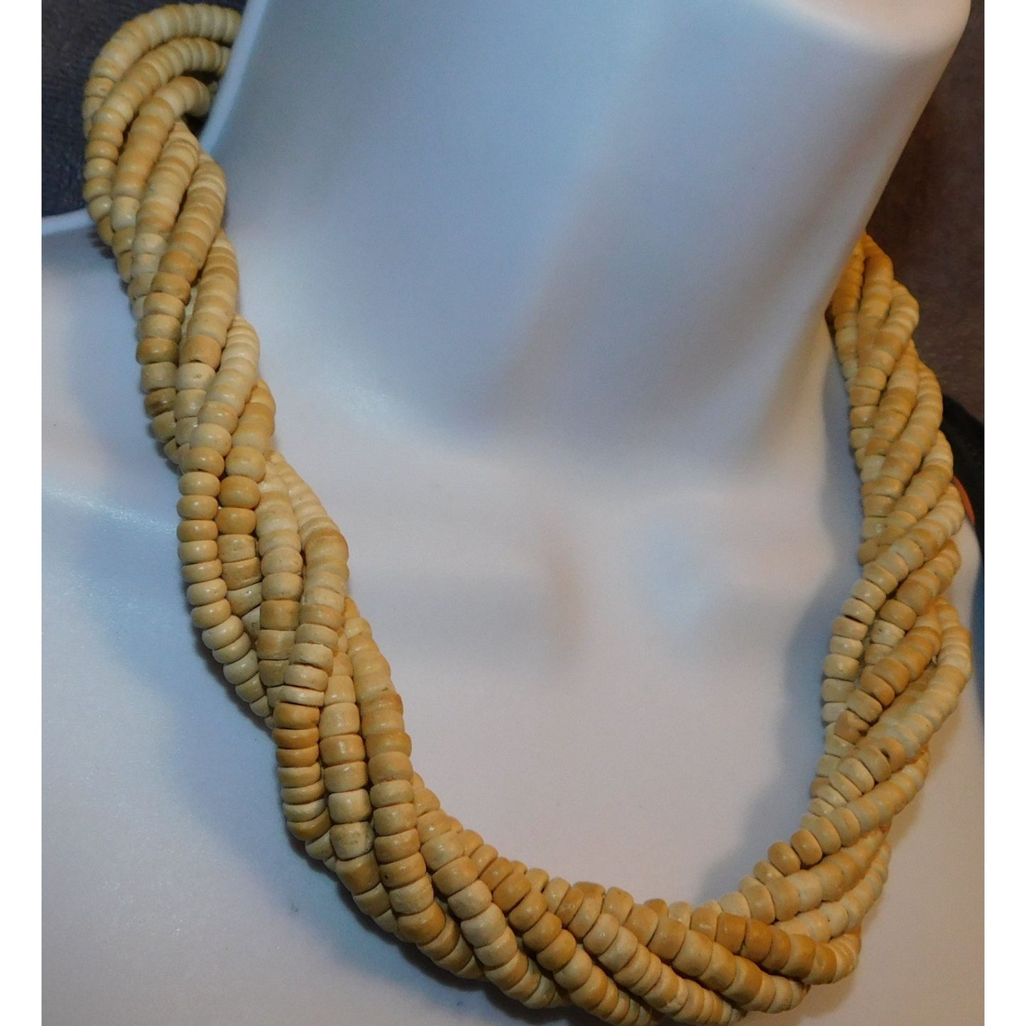 Beachy Beige Wooden Beaded Torsade Necklace