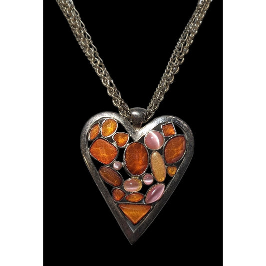 Pink And Orange Gemmed Heart Pendant Necklace