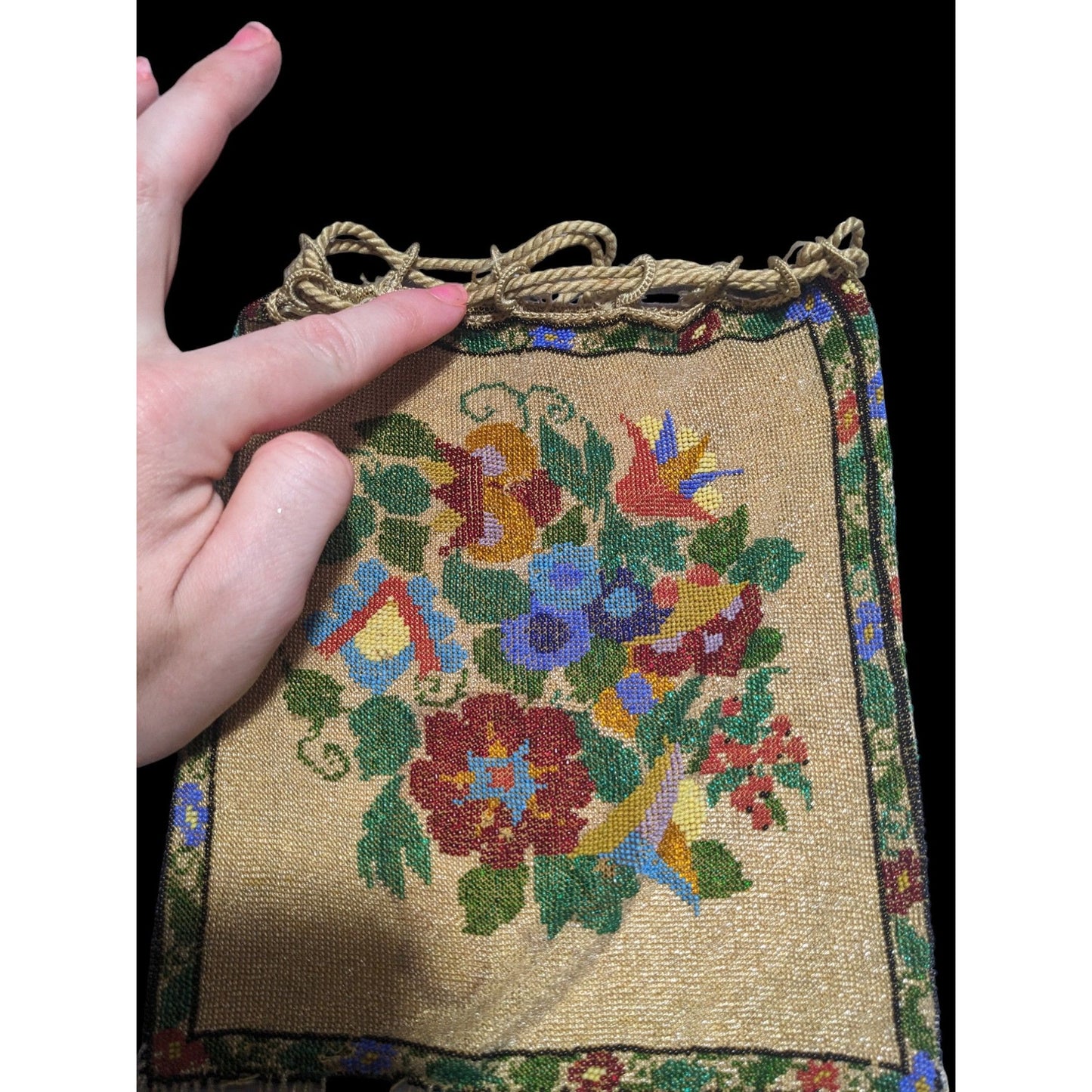 Antique Victorian Beaded Drawstring Floral Reticule