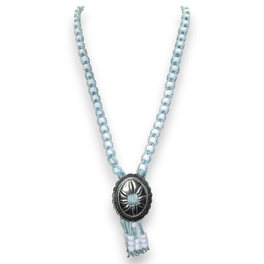 Handmade Western Boho Cowgirl Bolo Blue White Beaded Concho Tassel Necklace