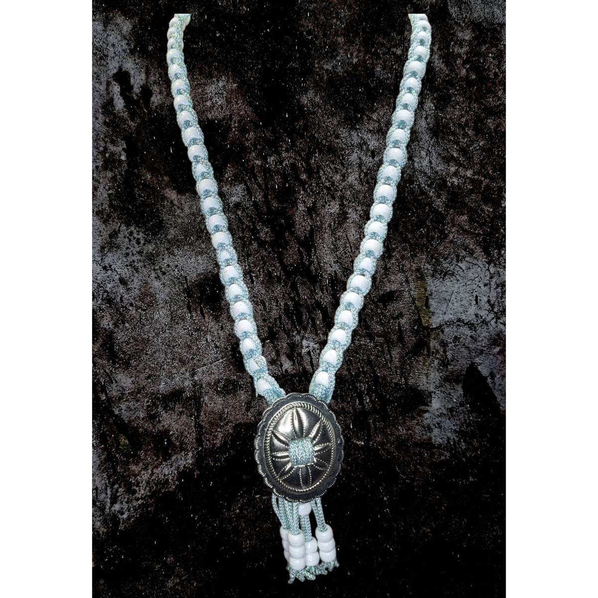 Handmade Western Boho Cowgirl Bolo Blue White Beaded Concho Tassel Necklace