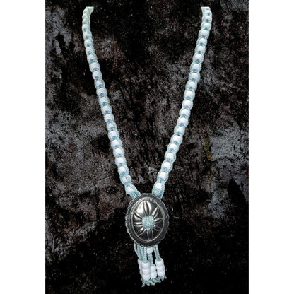 Handmade Western Boho Cowgirl Bolo Blue White Beaded Concho Tassel Necklace