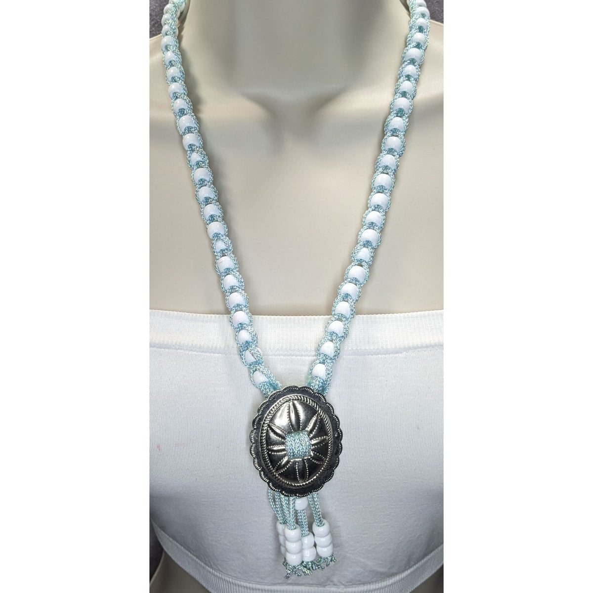 Handmade Western Boho Cowgirl Bolo Blue White Beaded Concho Tassel Necklace