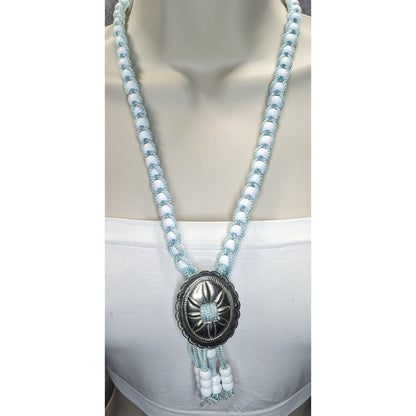 Handmade Western Boho Cowgirl Bolo Blue White Beaded Concho Tassel Necklace