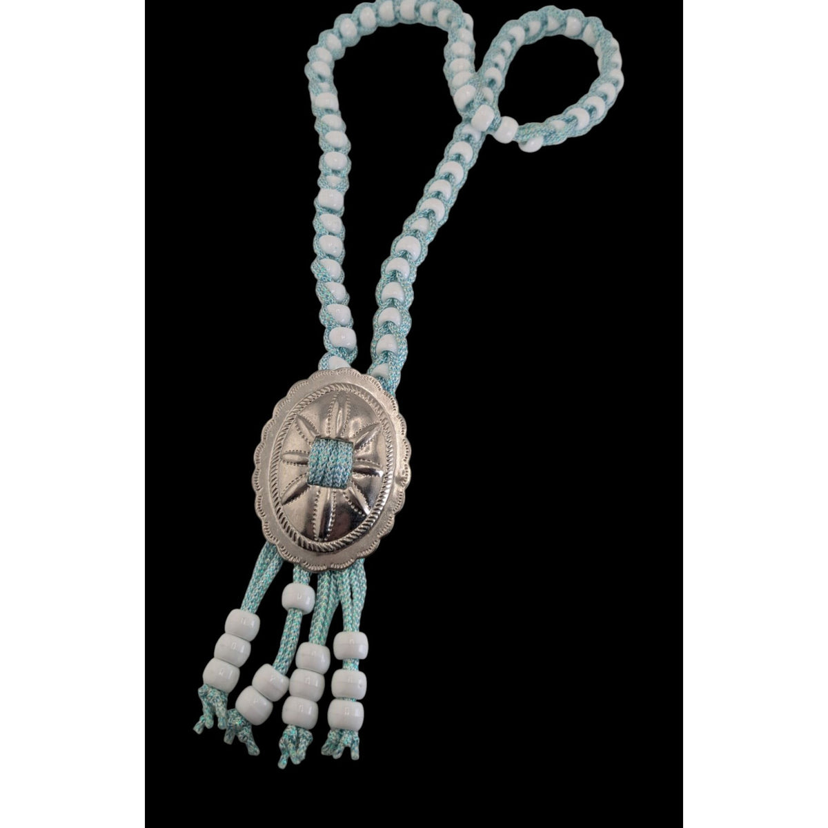 Handmade Western Boho Cowgirl Bolo Blue White Beaded Concho Tassel Necklace