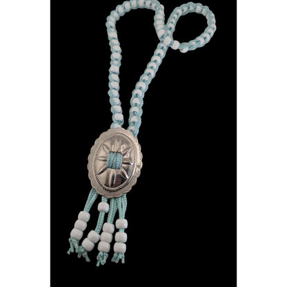 Handmade Western Boho Cowgirl Bolo Blue White Beaded Concho Tassel Necklace