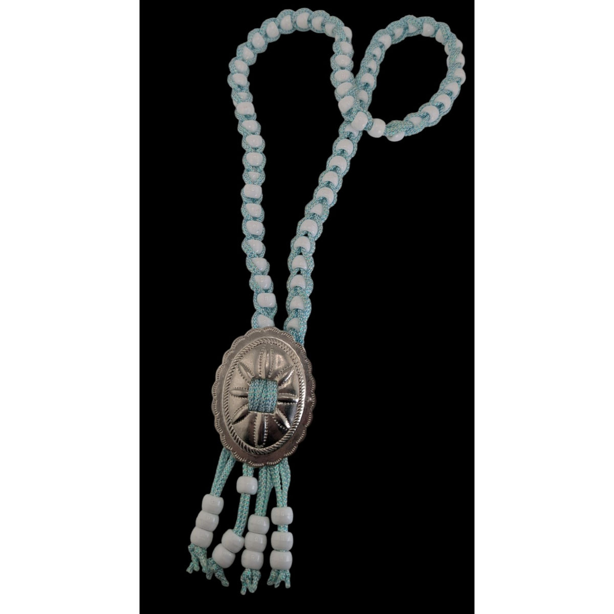 Handmade Western Boho Cowgirl Bolo Blue White Beaded Concho Tassel Necklace
