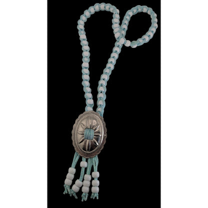 Handmade Western Boho Cowgirl Bolo Blue White Beaded Concho Tassel Necklace