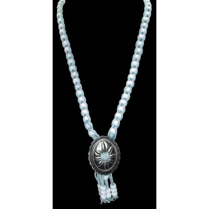 Handmade Western Boho Cowgirl Bolo Blue White Beaded Concho Tassel Necklace