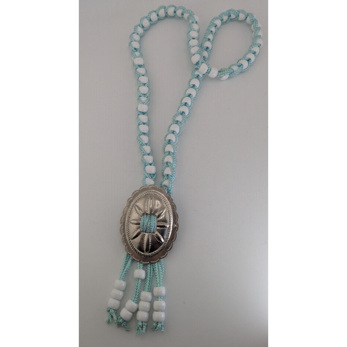 Handmade Western Boho Cowgirl Bolo Blue White Beaded Concho Tassel Necklace