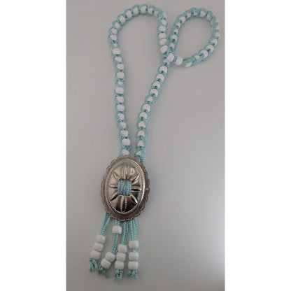 Handmade Western Boho Cowgirl Bolo Blue White Beaded Concho Tassel Necklace