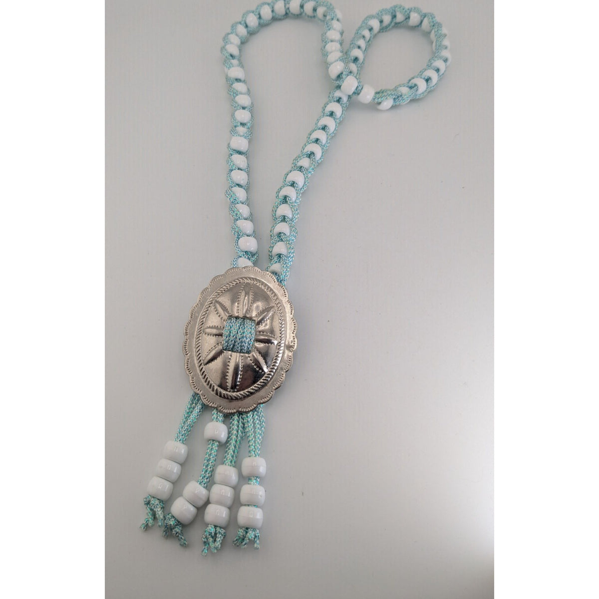 Handmade Western Boho Cowgirl Bolo Blue White Beaded Concho Tassel Necklace