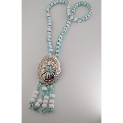 Handmade Western Boho Cowgirl Bolo Blue White Beaded Concho Tassel Necklace