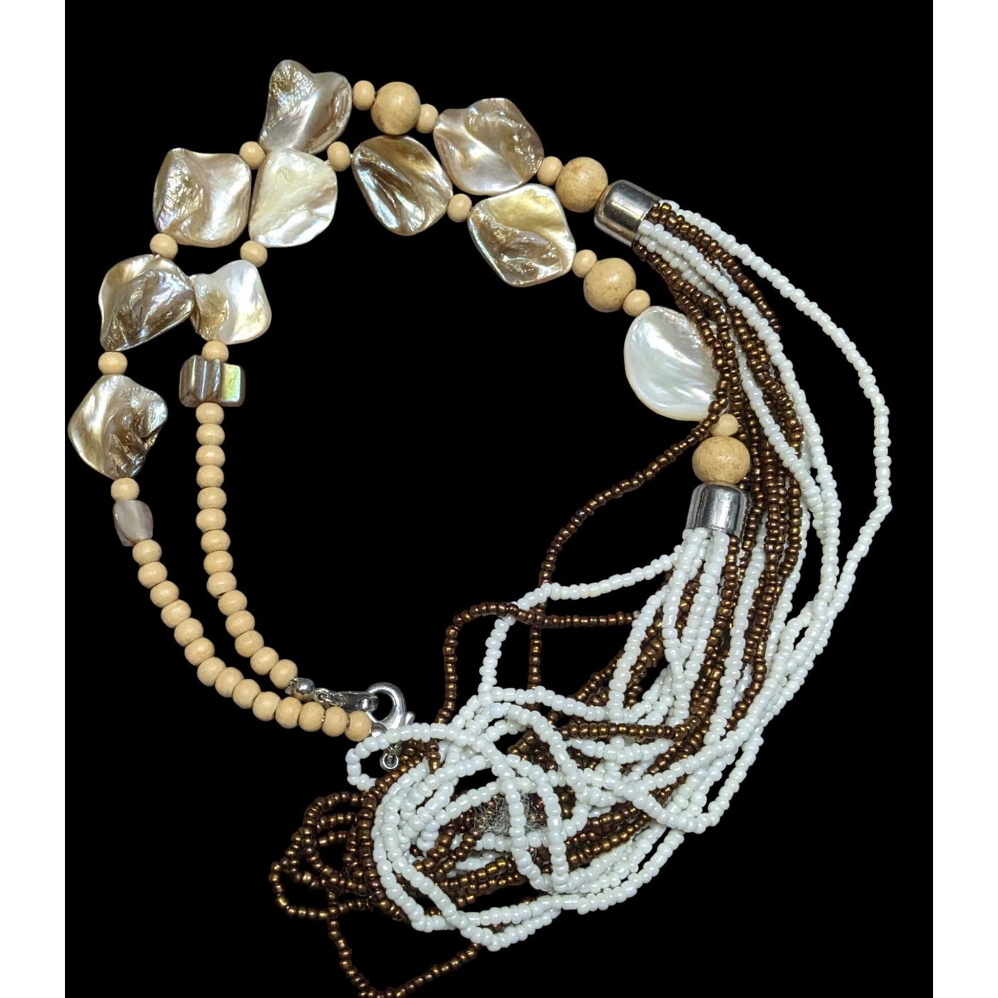 Vintage Bohemian Shell Glass And Wood Beaded Necklace