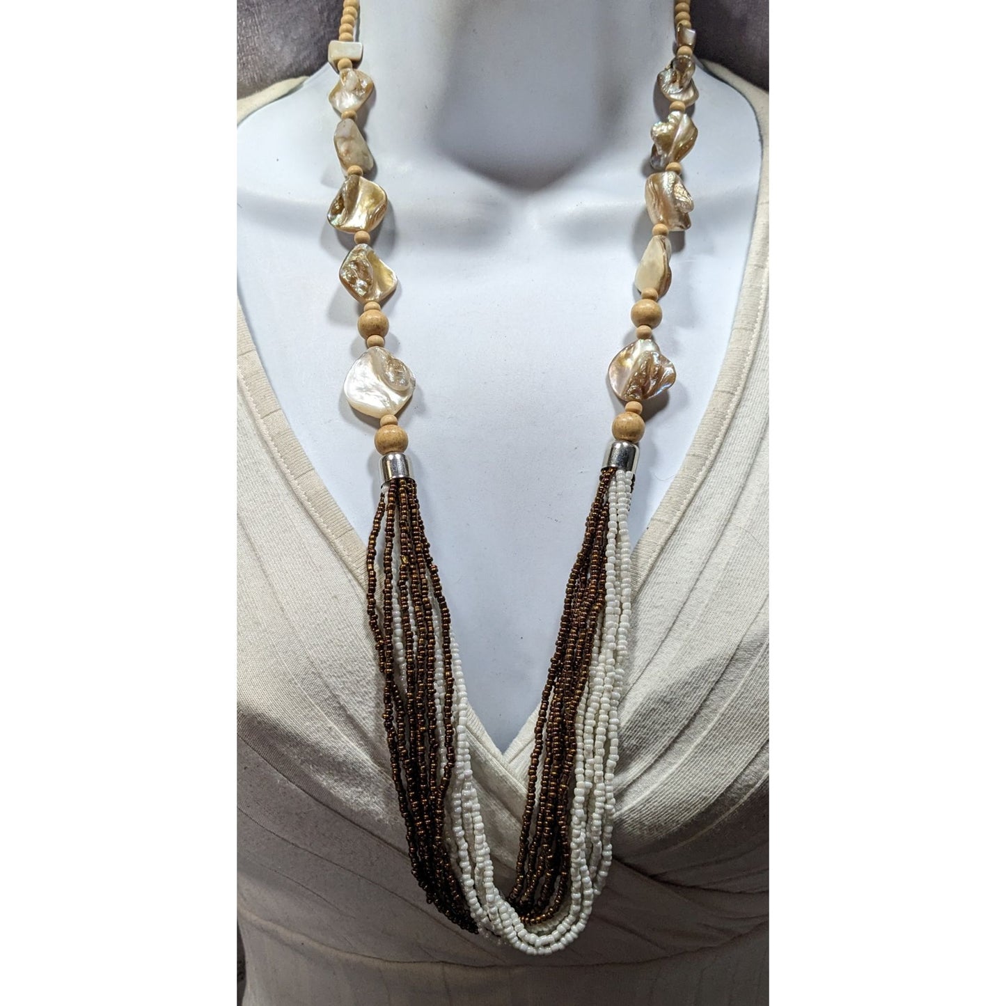 Vintage Bohemian Shell Glass And Wood Beaded Necklace