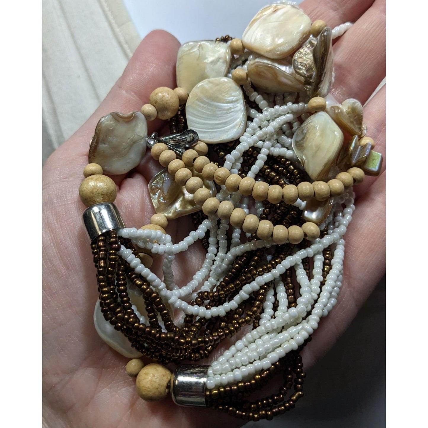 Vintage Bohemian Shell Glass And Wood Beaded Necklace