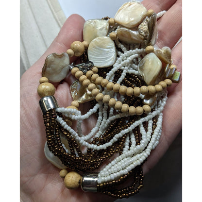 Vintage Bohemian Shell Glass And Wood Beaded Necklace