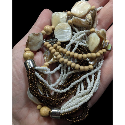 Vintage Bohemian Shell Glass And Wood Beaded Necklace