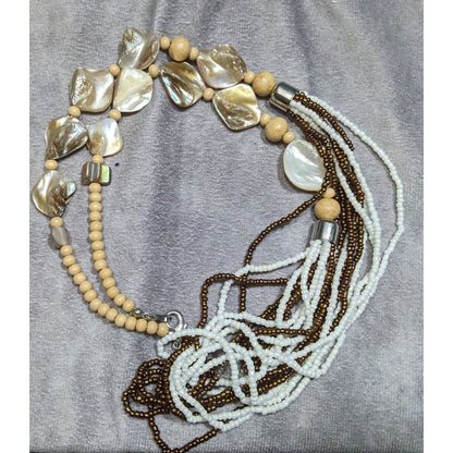 Vintage Bohemian Shell Glass And Wood Beaded Necklace