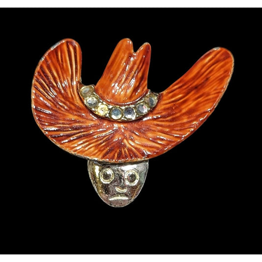 Vintage Stylized Cowboy Head And Hat Brooch