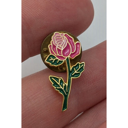 Romantic Pink Rose Enamel Lapel Pin Floral Gold Tone Brooch