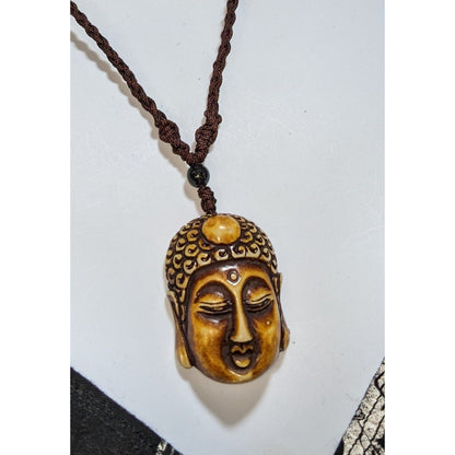 Carved Buddha Head Necklace Meditation Zen Boho Spiritual Pendant