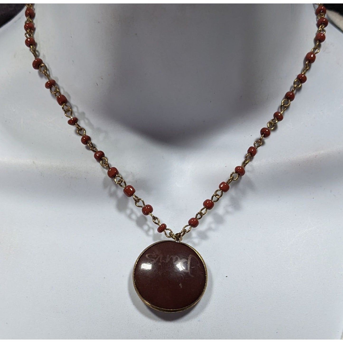 Vintage Paris Brown And Gold Tone Beaded Pendant Necklace
