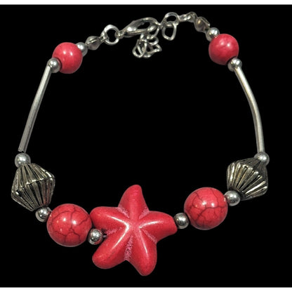 Mermaidcore Red And Silver Tone Dyed Howlite Beaded Bracelet