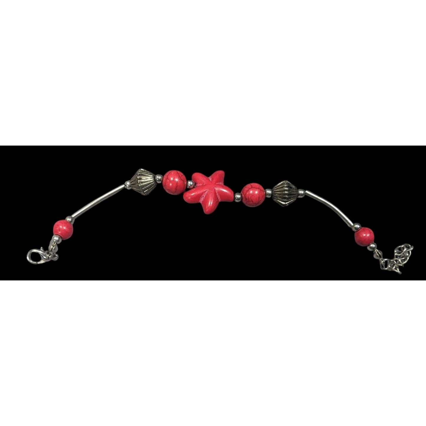 Mermaidcore Red And Silver Tone Dyed Howlite Beaded Bracelet