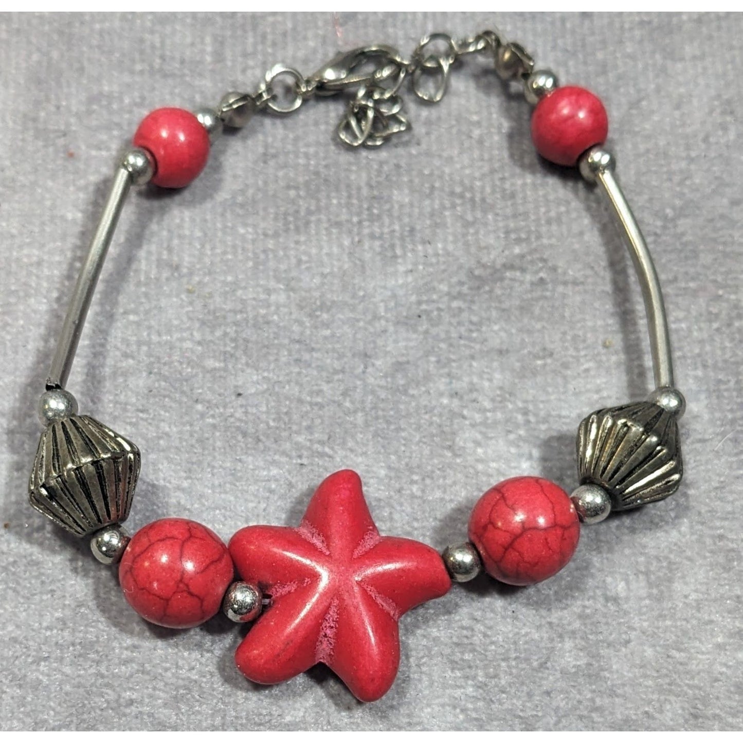 Mermaidcore Red And Silver Tone Dyed Howlite Beaded Bracelet