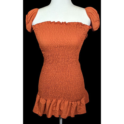 Sublime Retro Festival Burnt Orange Ruched Lace Back Mini Dress