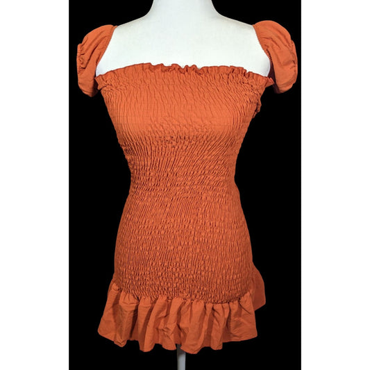 Sublime Retro Festival Burnt Orange Ruched Lace Back Mini Dress