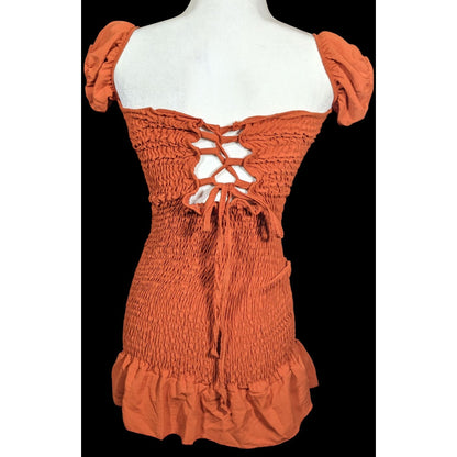 Sublime Retro Festival Burnt Orange Ruched Lace Back Mini Dress