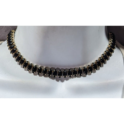 Vintage 60s Gothic Black Marquis Gemmed Necklace In Silver Tone Bezels