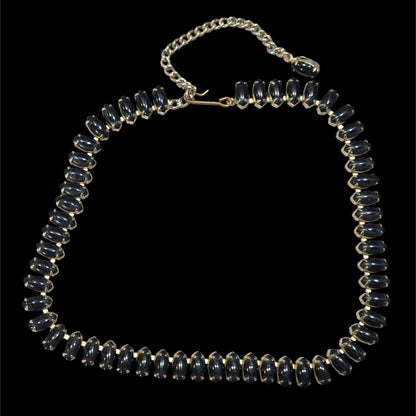 Vintage 60s Gothic Black Marquis Gemmed Necklace In Silver Tone Bezels