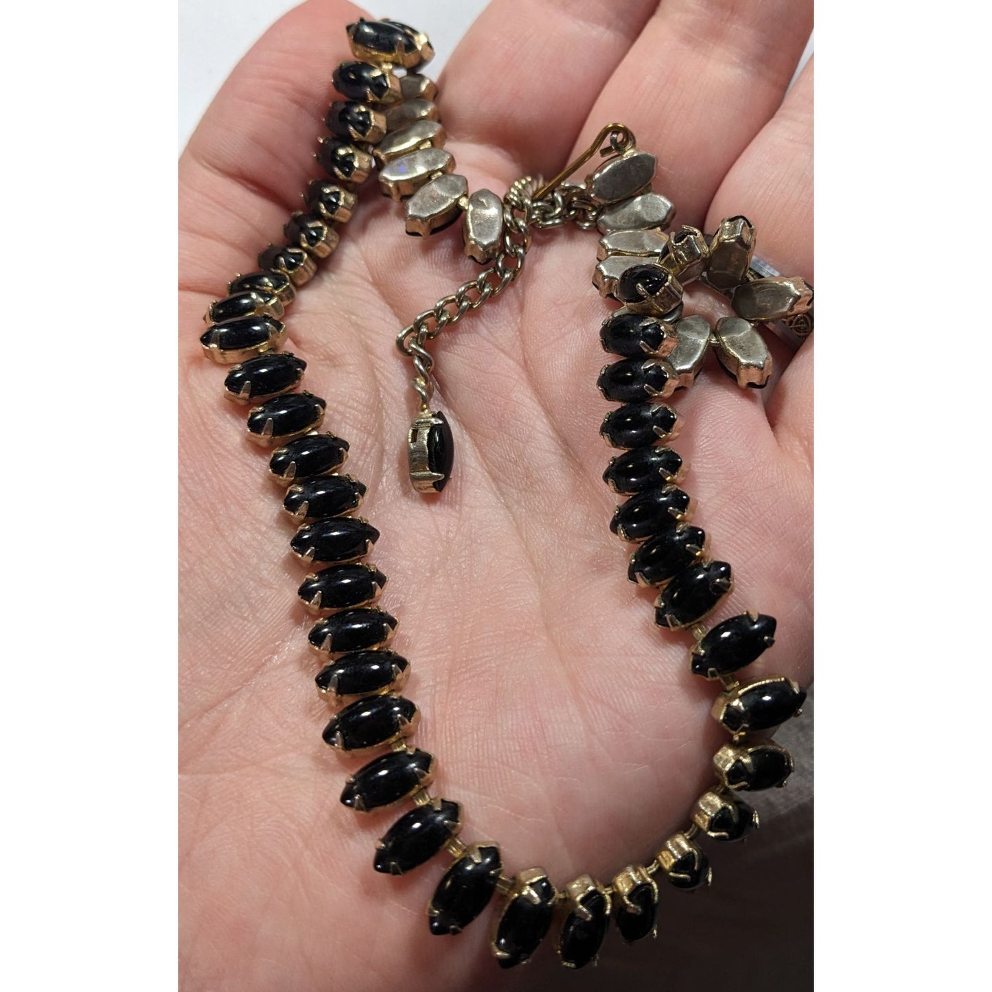 Vintage 60s Gothic Black Marquis Gemmed Necklace In Silver Tone Bezels