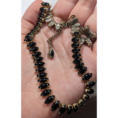 Vintage 60s Gothic Black Marquis Gemmed Necklace In Silver Tone Bezels