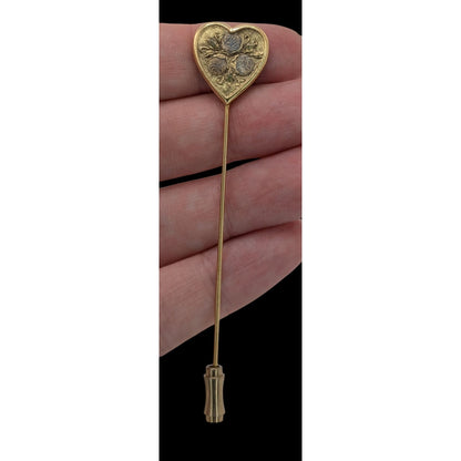 Vintage Heart Rose Stick Pin Gold Tone Floral Lapel Hat Scarf Pin
