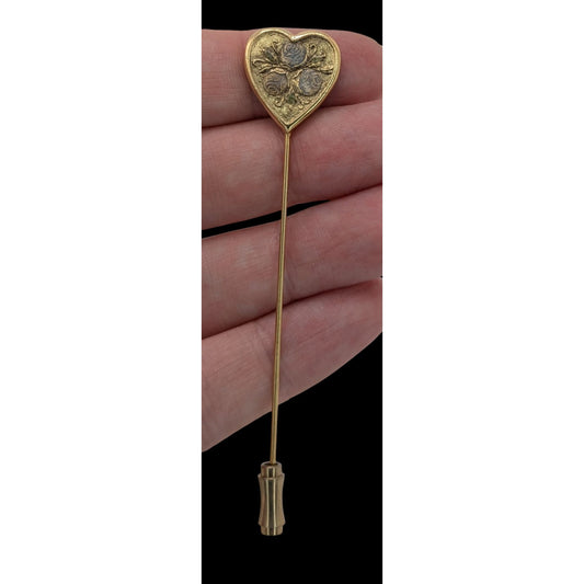 Vintage Heart Rose Stick Pin Gold Tone Floral Lapel Hat Scarf Pin