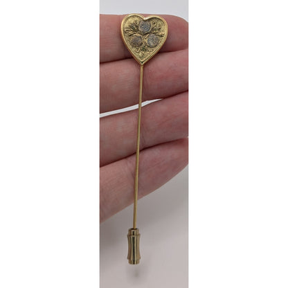 Vintage Heart Rose Stick Pin Gold Tone Floral Lapel Hat Scarf Pin