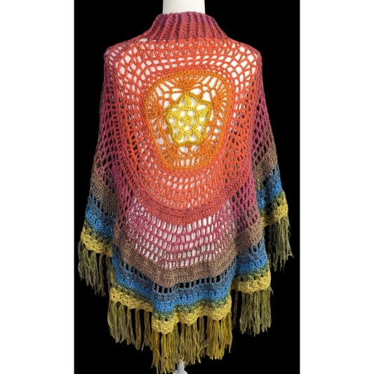 Vintage Handmade Bohemian Crochet Shawl Poncho With Rainbow Colors & Fringe