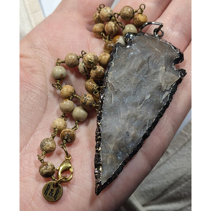 R&R Stone Arrowhead Pendant Necklace With Stone Beaded Chain