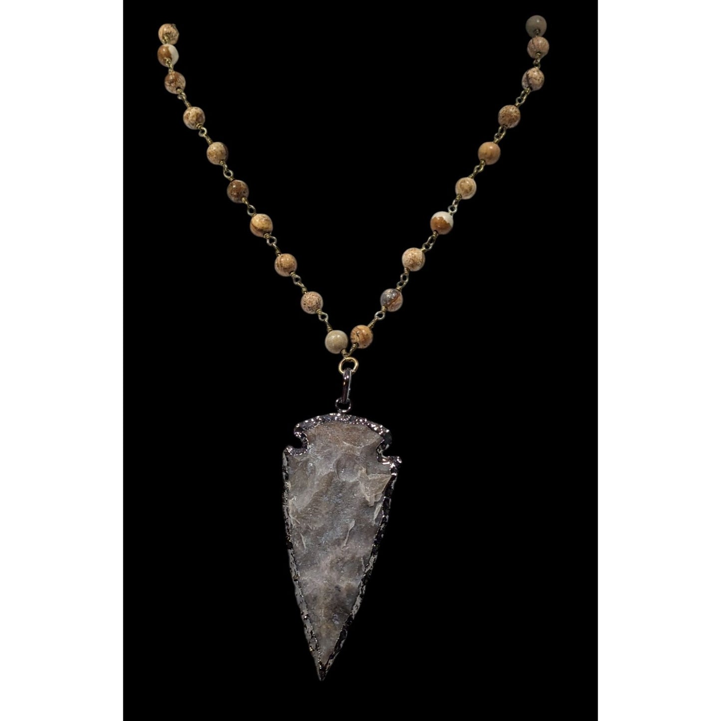 R&R Stone Arrowhead Pendant Necklace With Stone Beaded Chain