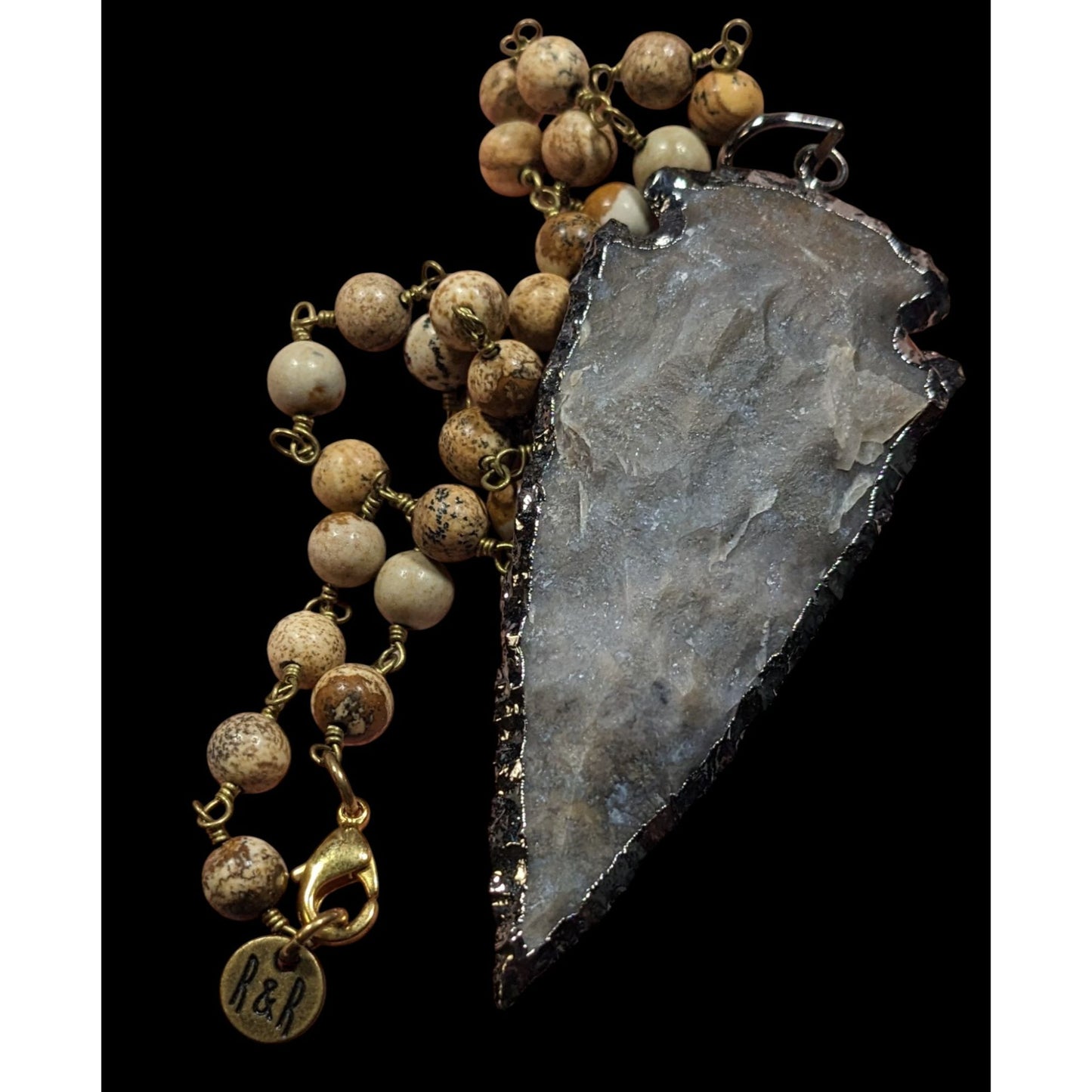 R&R Stone Arrowhead Pendant Necklace With Stone Beaded Chain