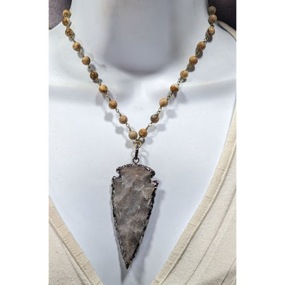 R&R Stone Arrowhead Pendant Necklace With Stone Beaded Chain