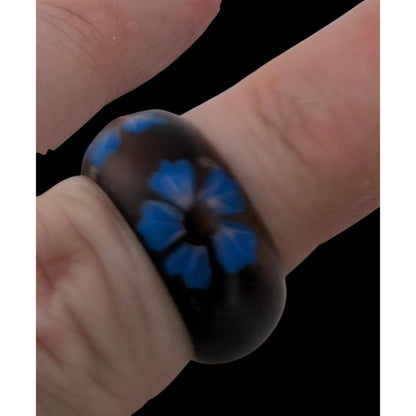 Boho Floral Painted Wood Ring Blue Flower Black Chunky Statement Jewelry