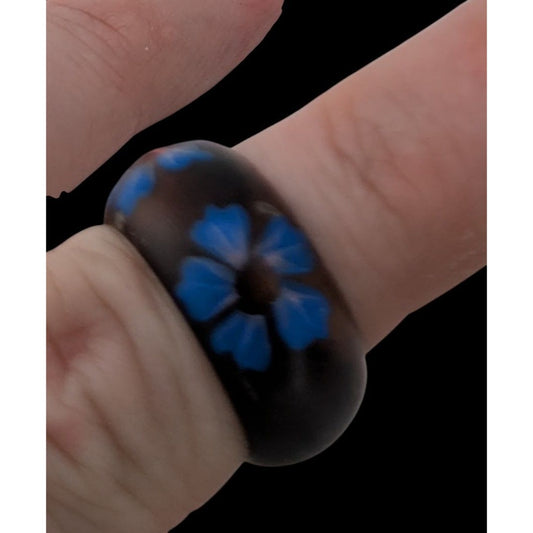 Boho Floral Painted Wood Ring Blue Flower Black Chunky Statement Jewelry